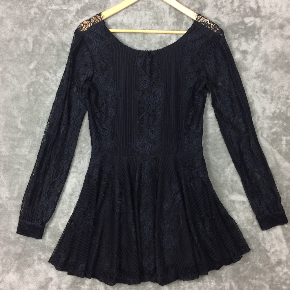 For Love & Lemons Lace Mini Dress Womens M Black Open Back Long Sleeve Floral